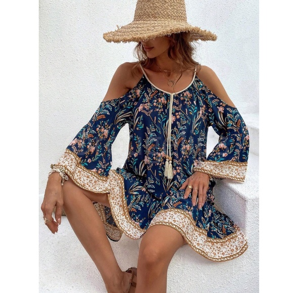 Navy Blue Cold Shoulder Tassel Detail Loose Fitting Mini Dress Short Floral - Picture 2 of 11
